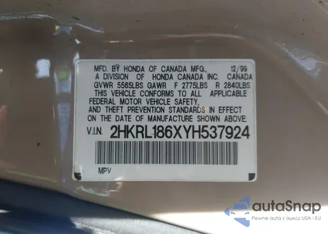 2000 Honda Odyssey Ex z USA, uszkodzony, nr VIN 2HKRL186XYH537924